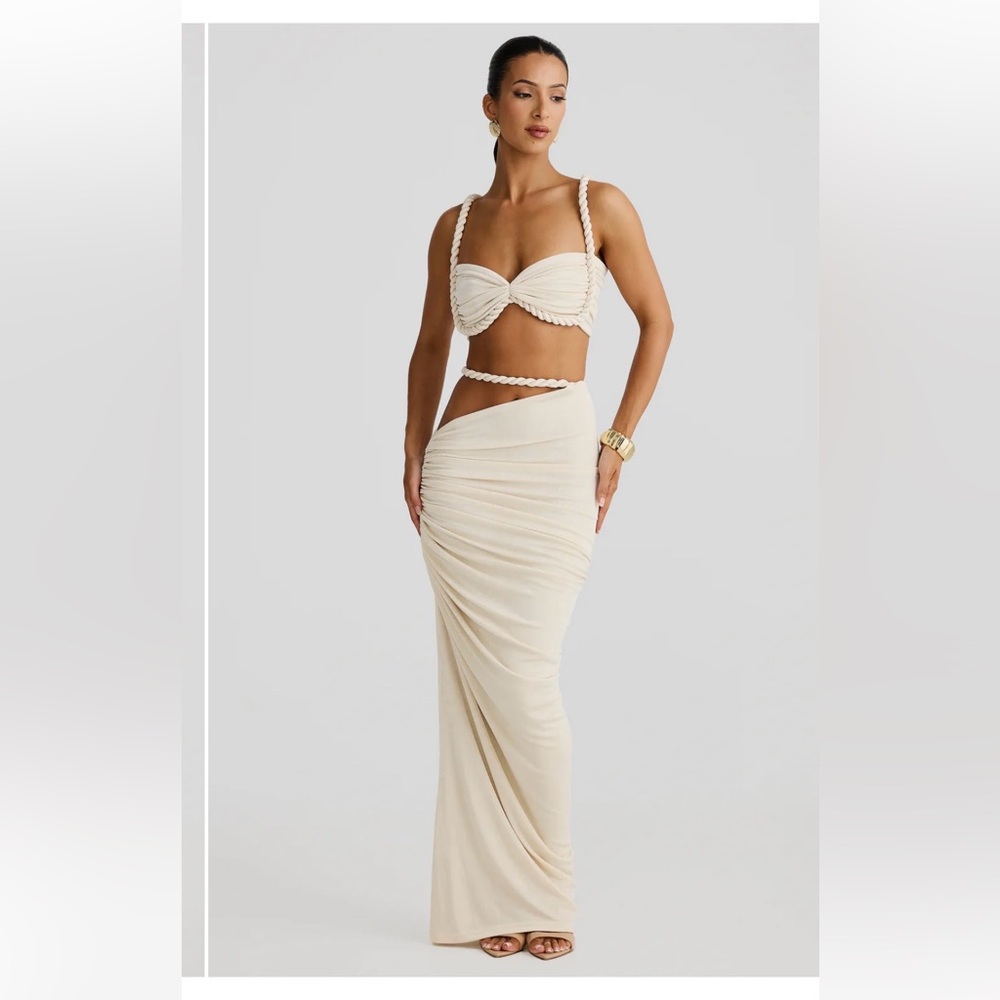 Cream Maxi Dress with Bra Top and Ruched Skirt